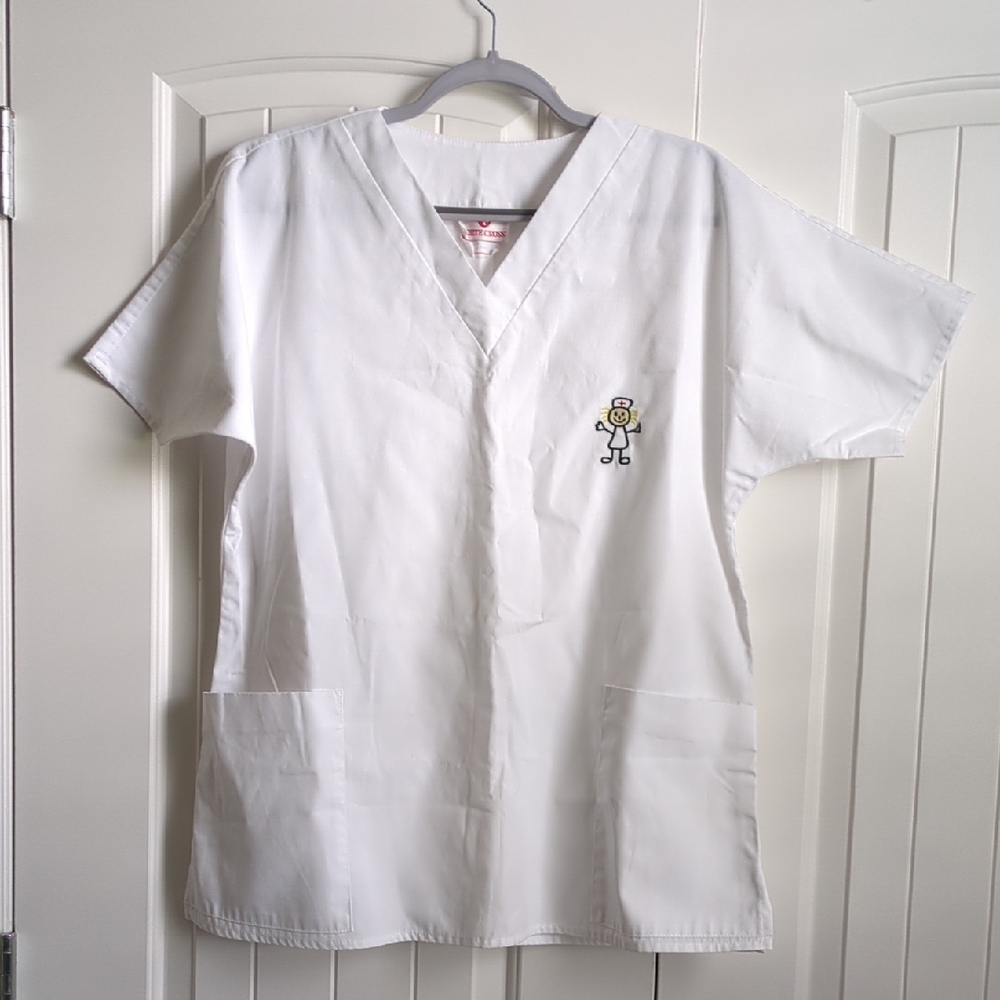 Never Worn White Cross Classic White V-Neck Scrub Top with Embroidery